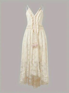 Women's Crochet Lace Maxi Dress Spaghetti Strap V Neck Cami Beach Boho Sundress
